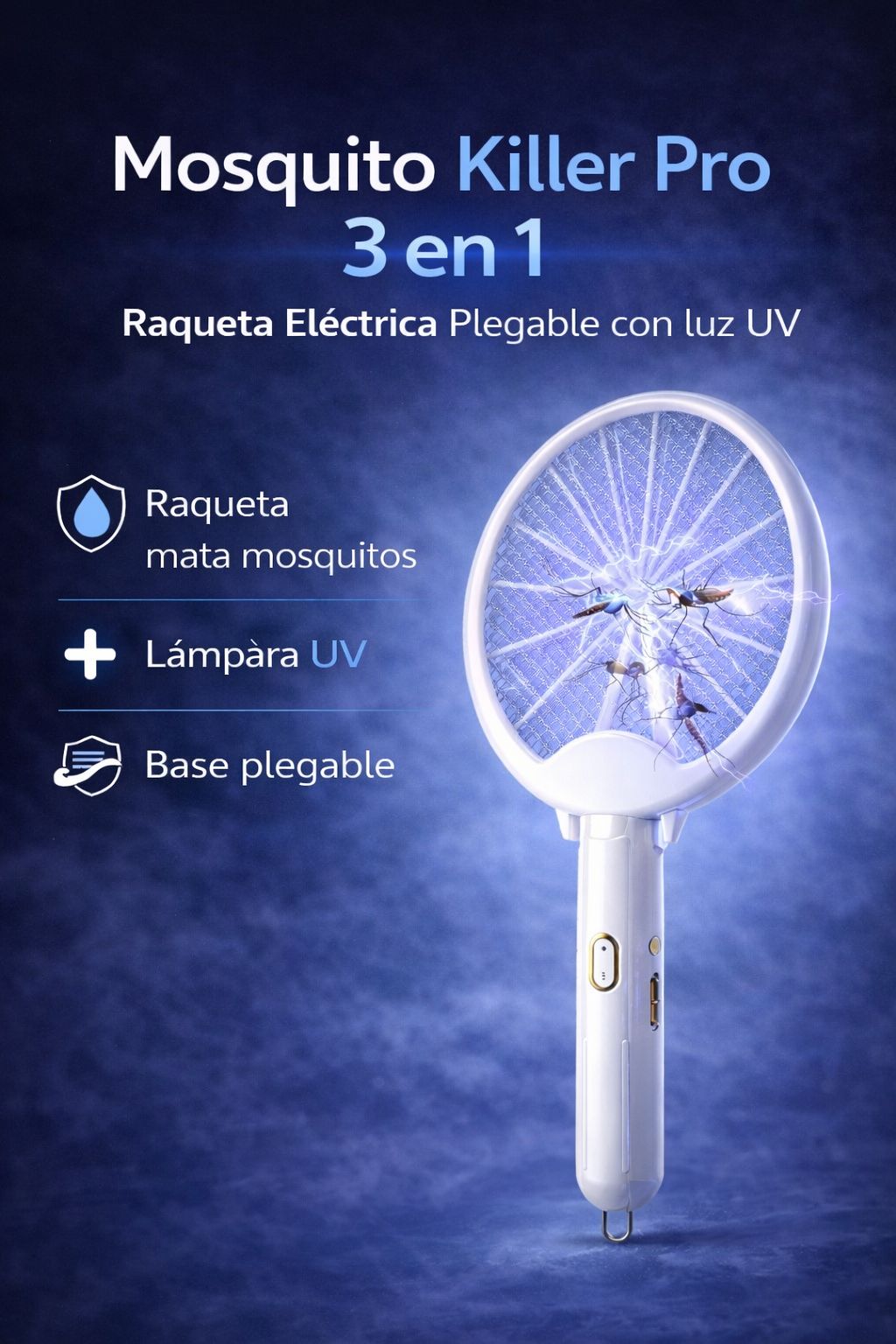 MOSQUITO KILLER PRO 3 EN 1 - Raqueta Eléctrica Plegable con luz UV